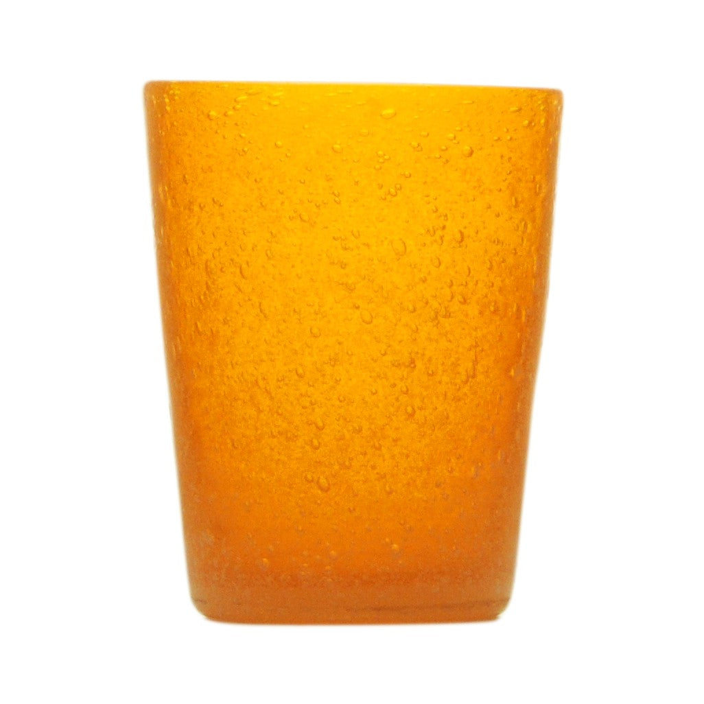 Cheerful, versatile coloured drinking glasses from Memento in Italy. For summer entertaining and everyday use. Decorative bubbles in the glass itself. Colour: Mandarin
