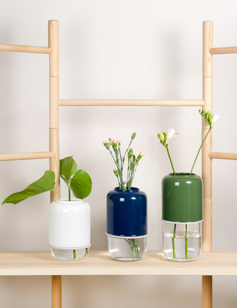 Muurla Design Capsule Vases in white, blue and green, all at different height settings