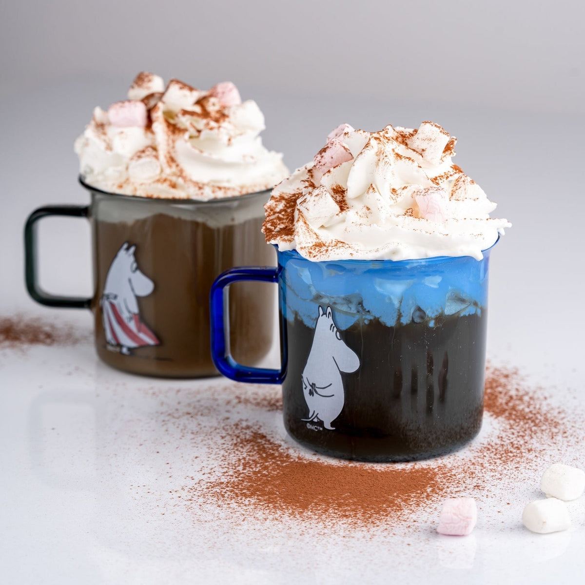 Hot chocolate with cream served in Moomin Glass Mugs by Muurla Design