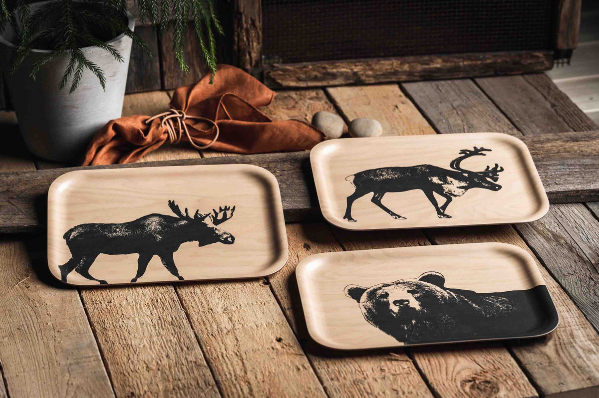 Muurla Design The Bear. The Moose and The Reindeer Trays. Made in Birch Veneer