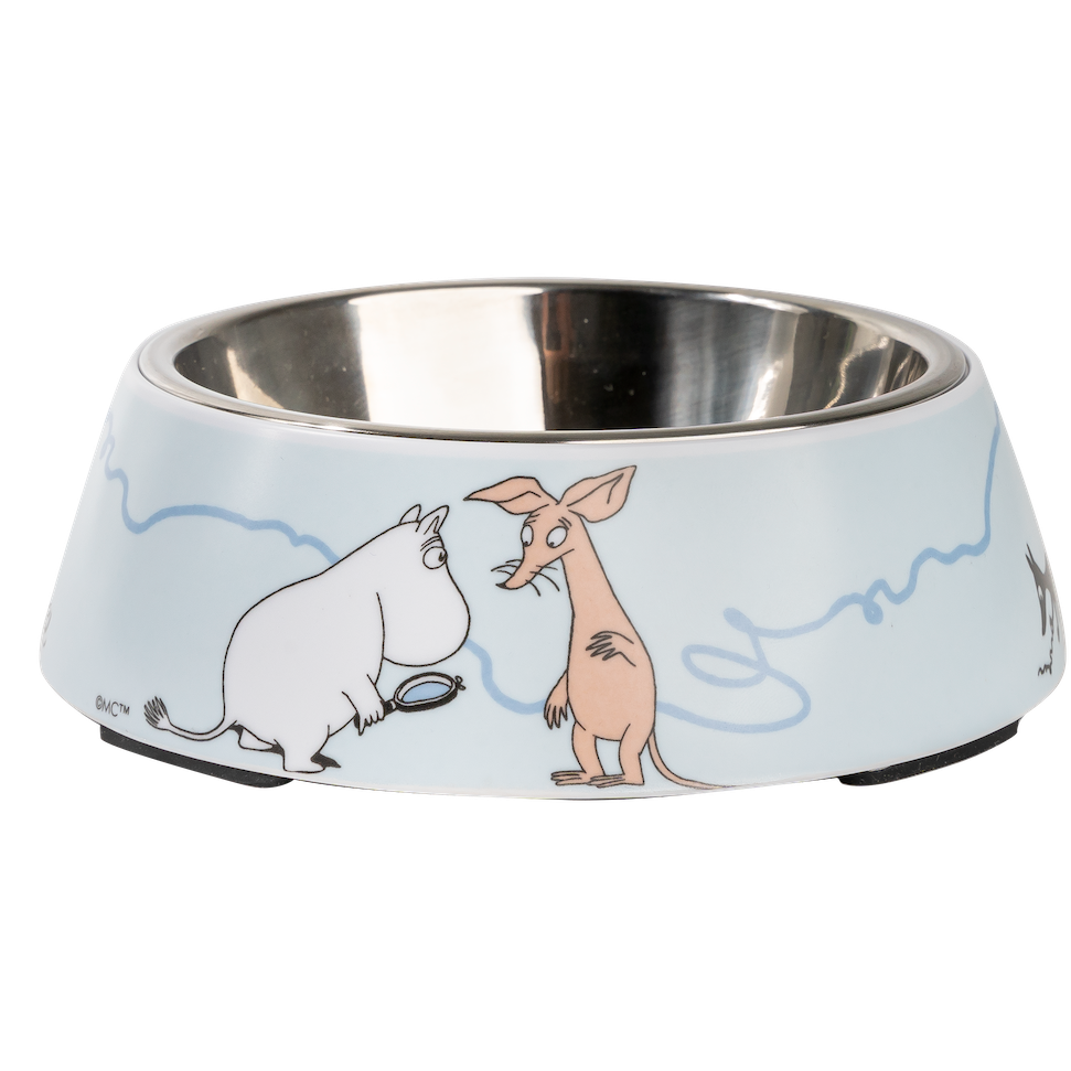 A Black Cat enjoying her food out of a Moomin For Pets Bowls, By Muurla 4700-140-01
