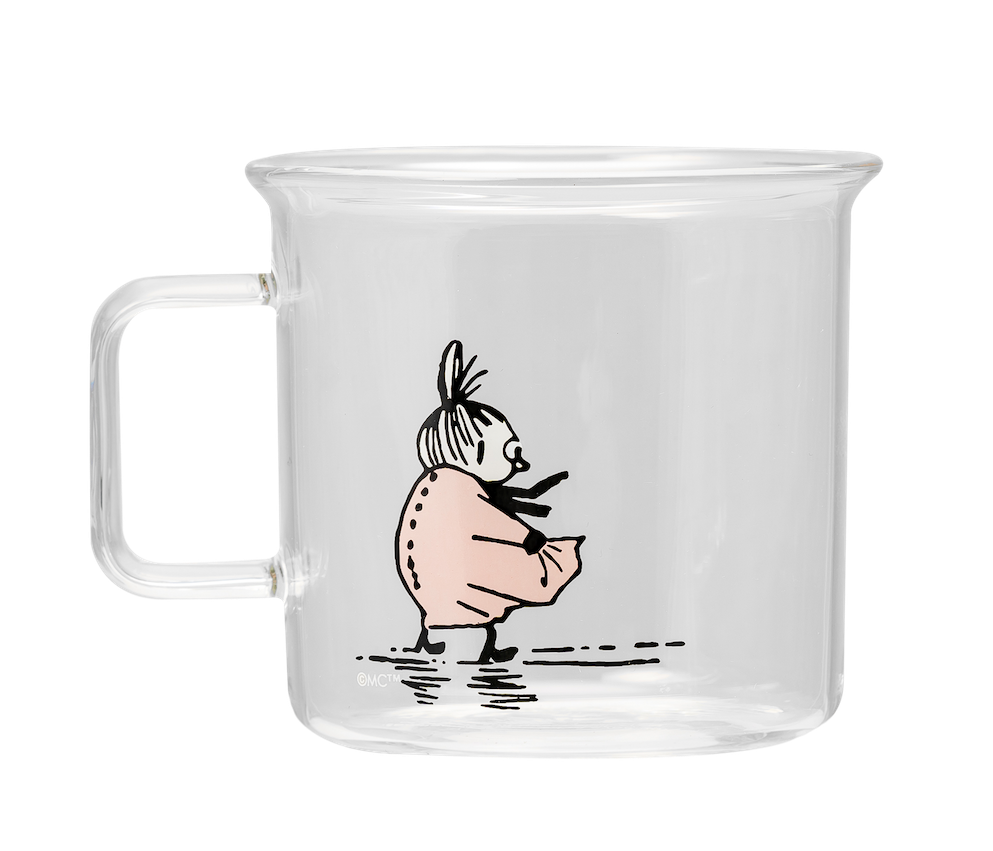 Muurla Moomin Glass Mug in clear glass, with a Little My decoration 