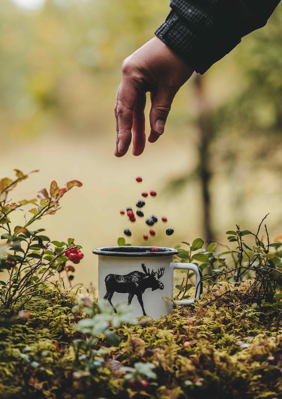 Dropping berries into a Muurla design mug