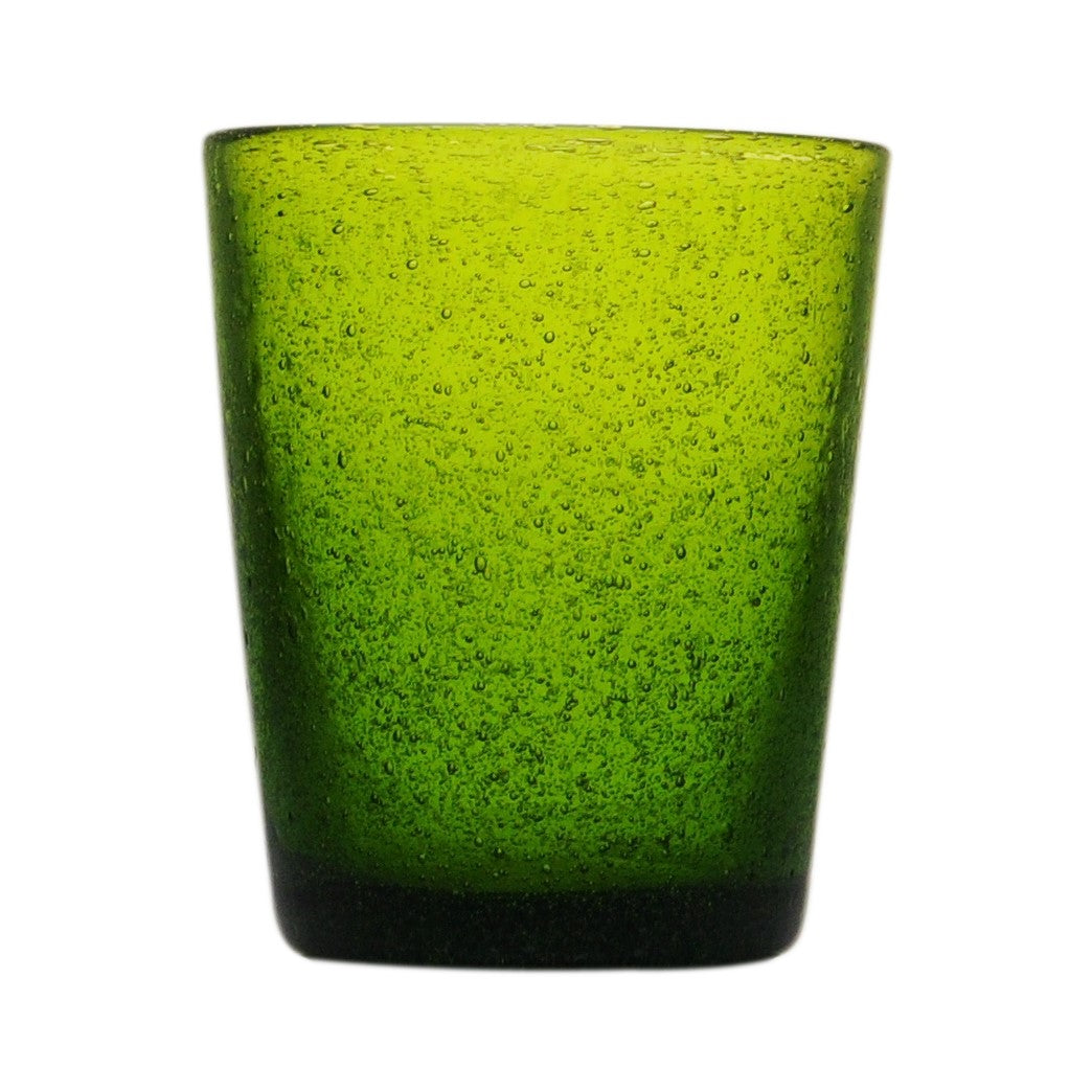Cheerful, versatile coloured drinking glasses from Memento in Italy. For summer entertaining and everyday use. Decorative bubbles in the glass itself. Colour: Olive