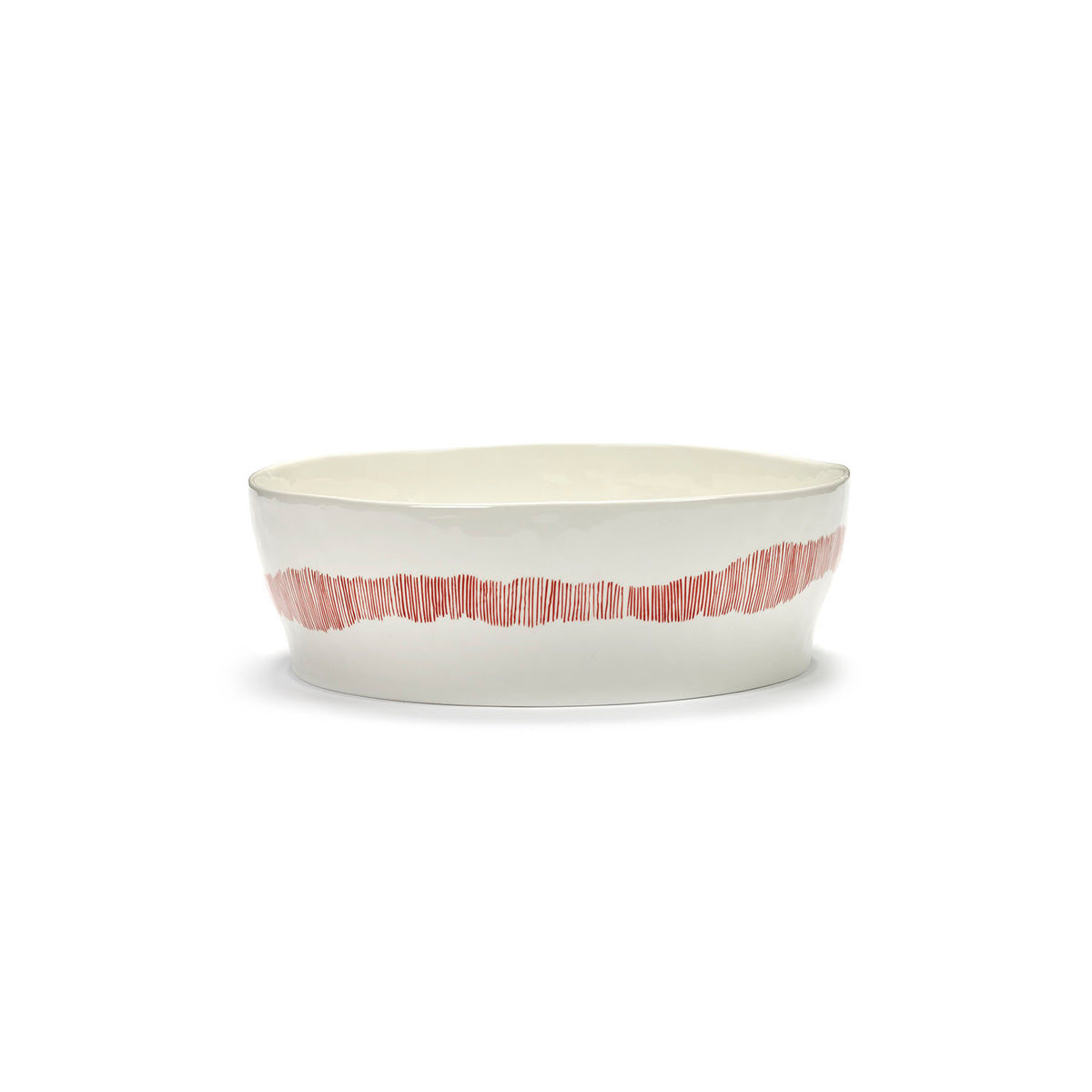 Ottolenghi for Serax Feast collection, side view of salad bowl, with white swirl-stripes red design.