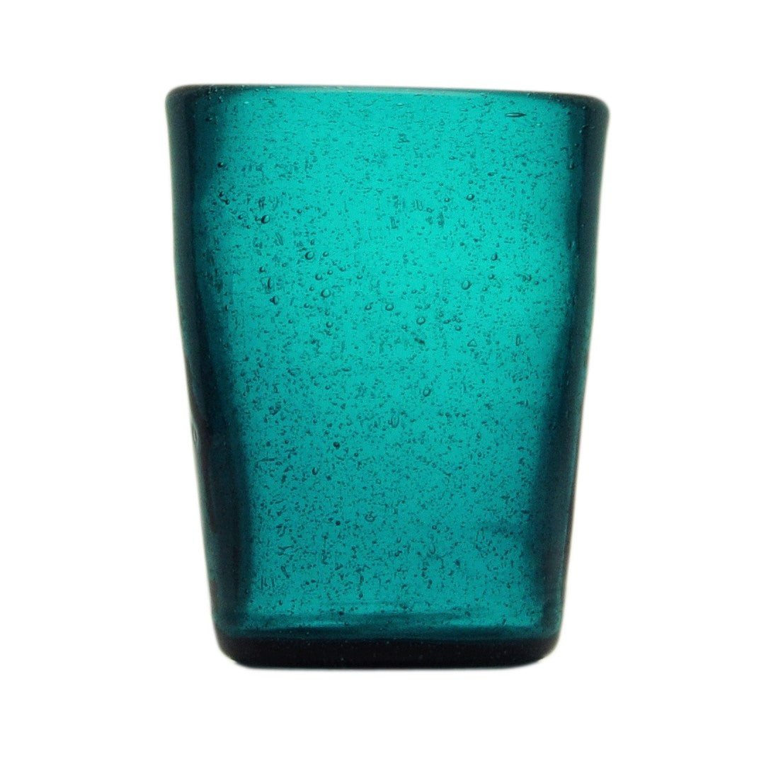 Cheerful, versatile coloured drinking glasses from Memento in Italy. For summer entertaining and everyday use. Decorative bubbles in the glass itself. Colour: Petrol Blue