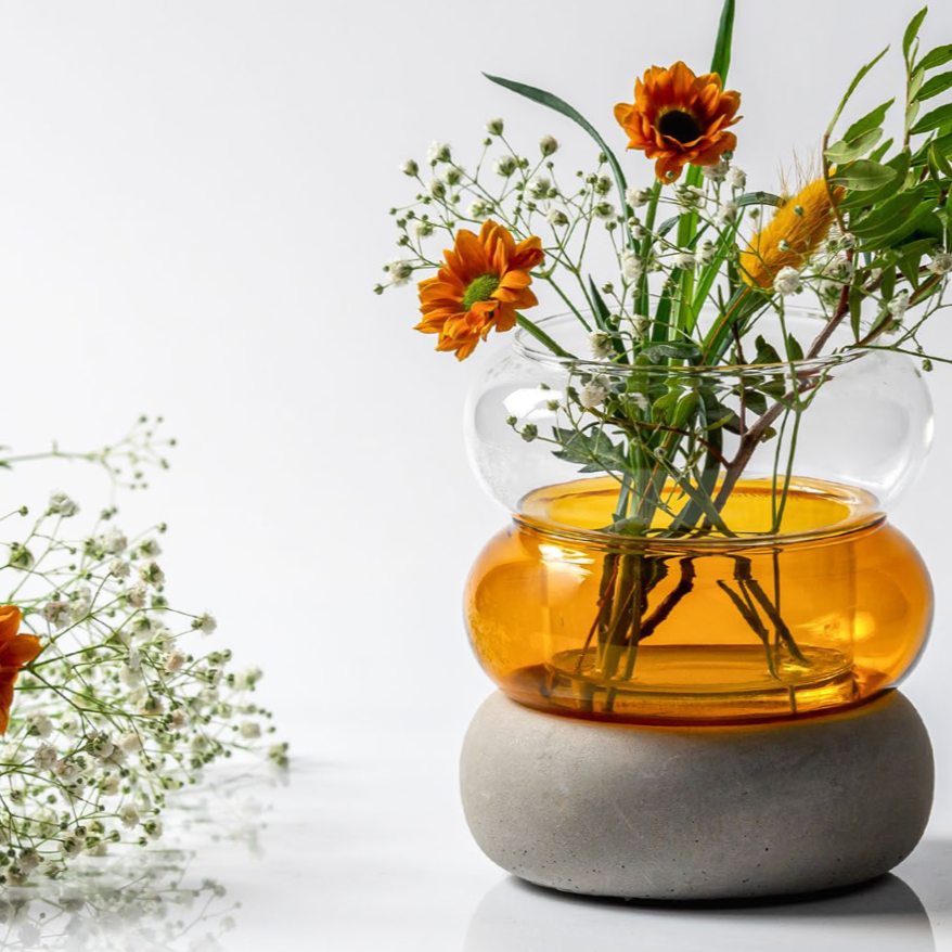 Muurla Design Bagel Vase / Candle Lantern.  In Amber coloured glass, clear glass and concrete