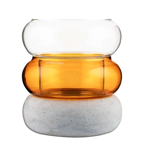 Muurla Design Bagel Vase / Candle Lantern.  In Amber coloured glass, clear glass and concrete