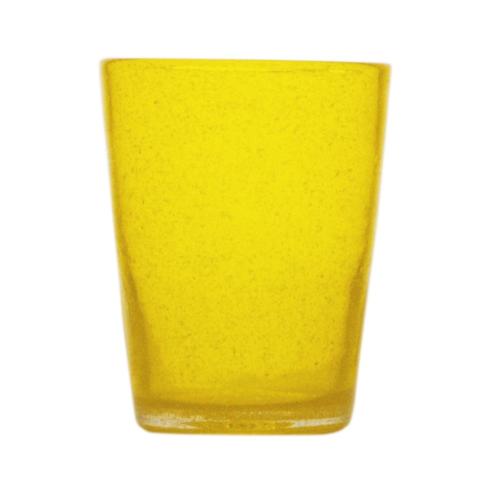 Cheerful, versatile coloured drinking glasses from Memento in Italy. For summer entertaining and everyday use. Decorative bubbles in the glass itself. Colour: Yellow Transparent