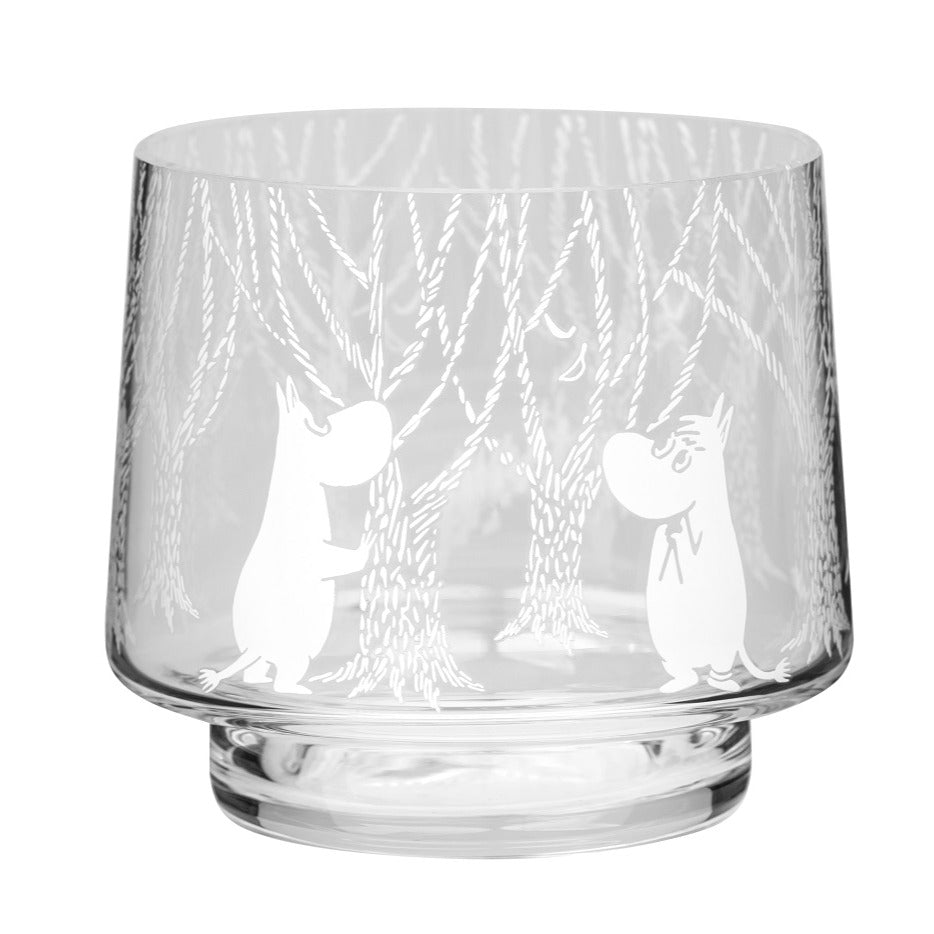 Moomin In the woods tea-light holder / small bowl, with a lit tea- light in side producing a soft glow of light through the decor.  Made by Muurla Design