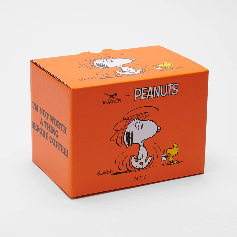 Peanuts Snoopy Orange Box with an image of Snoopy walking towards Woodstock and on another side a sentence saying &#39;I&#39;m not worth a thing before Coffee!&#39;