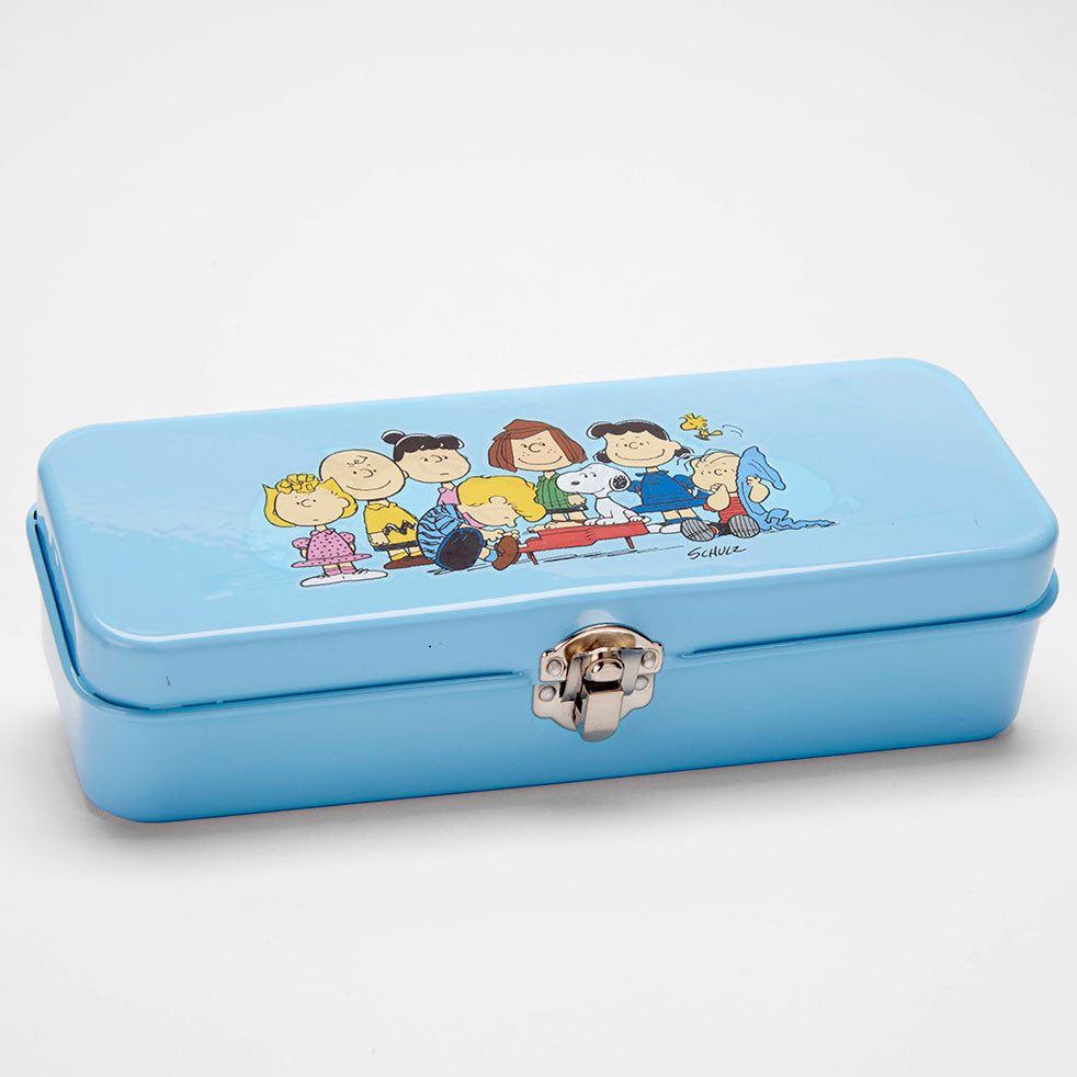 Peanuts Snoopy Pencil Tin in Light Blue with an image of the Snoopy Gang on the Lid.